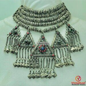 Multilayer Beaded Necklace With Dangling Pendants,Tribal Vintage Beaded Necklace